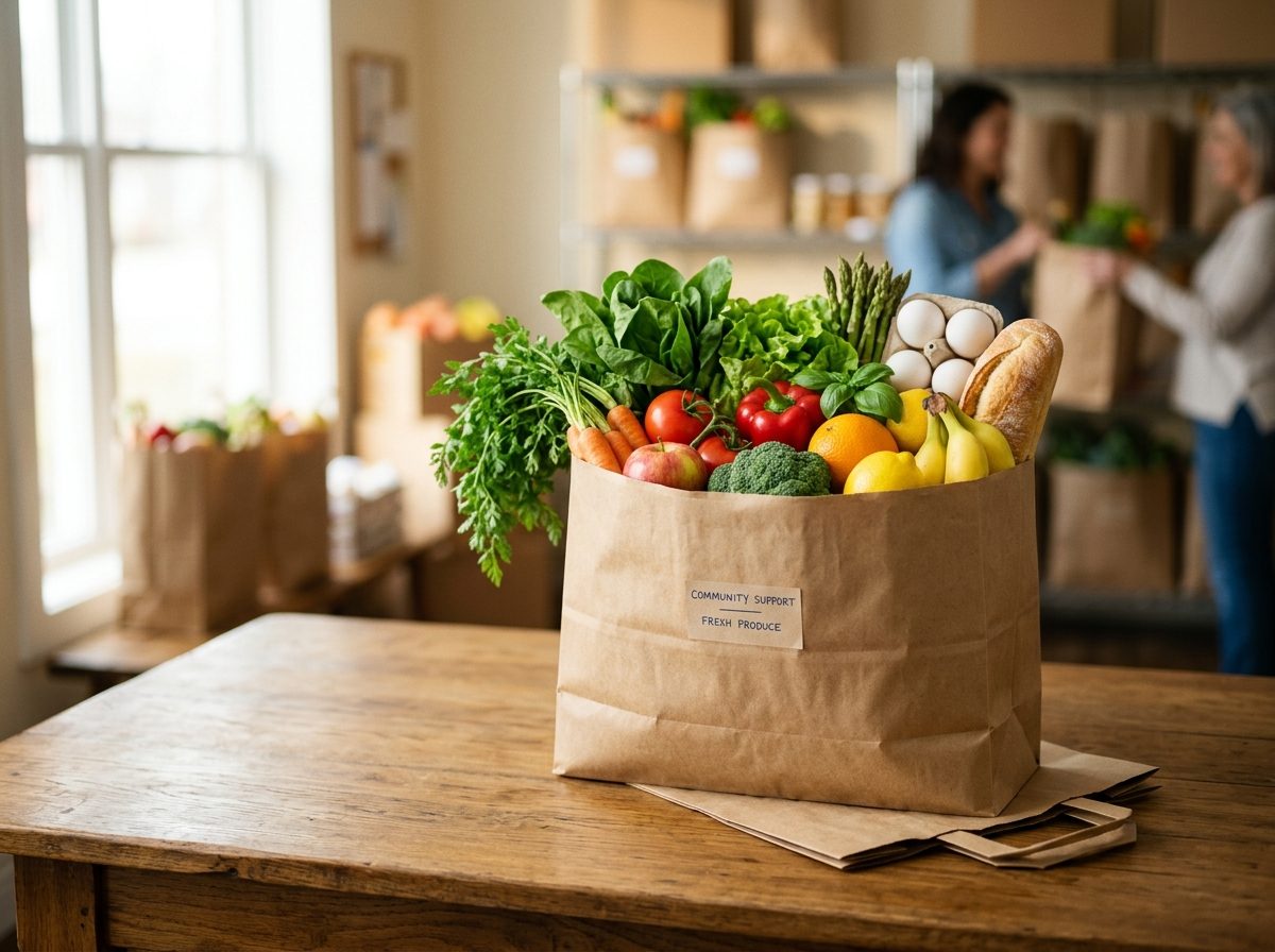 A paper bag of fresh groceries on a wooden table