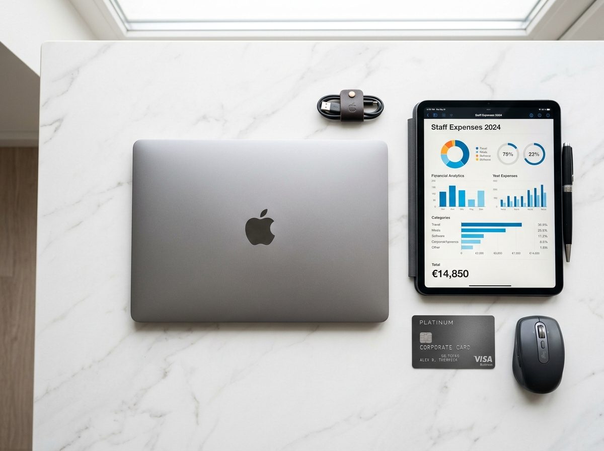 A laptop, a tablet showing a staff expenses report and a corporate card on a desk