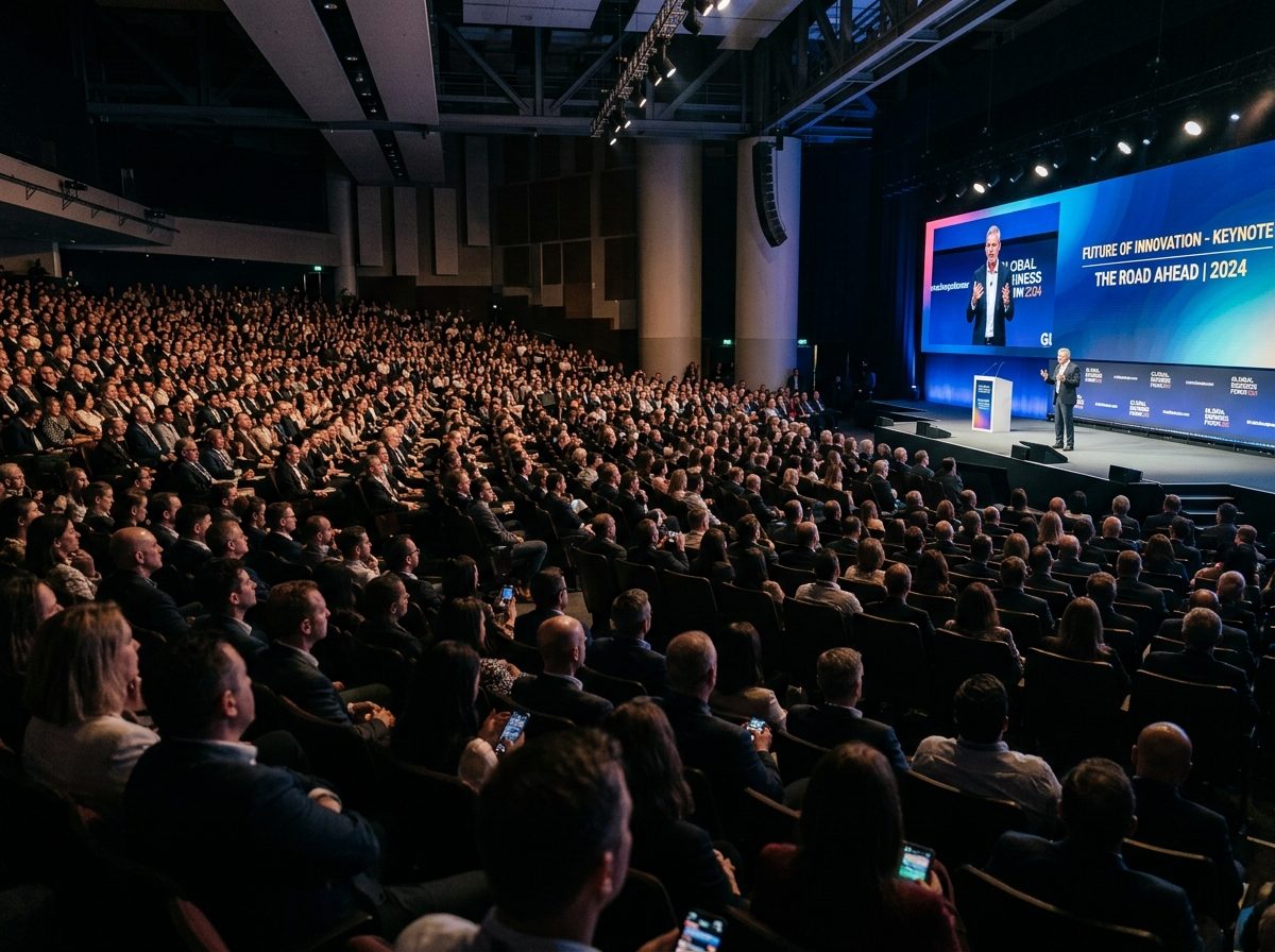 A speaker on stage addressing a large conference audience
