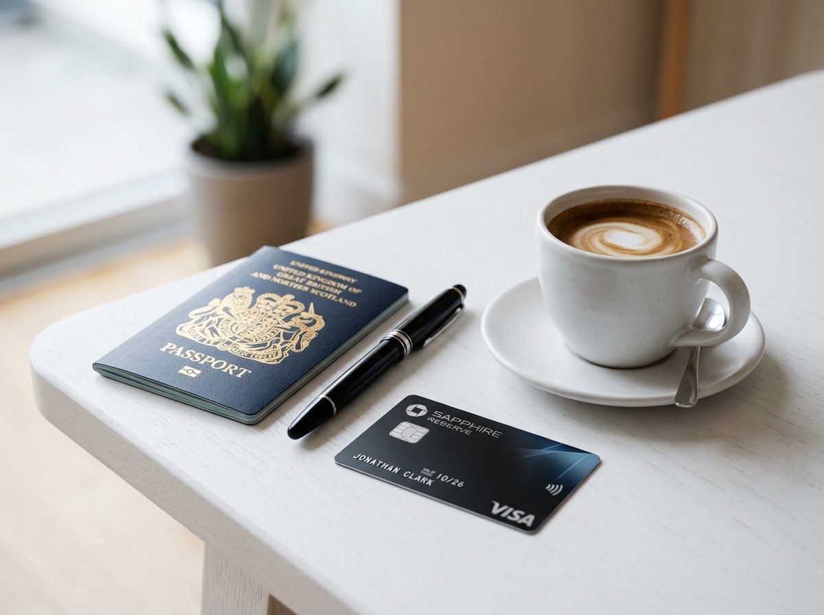 A passport, a pen and a prepaid card on a table beside a cup of coffee
