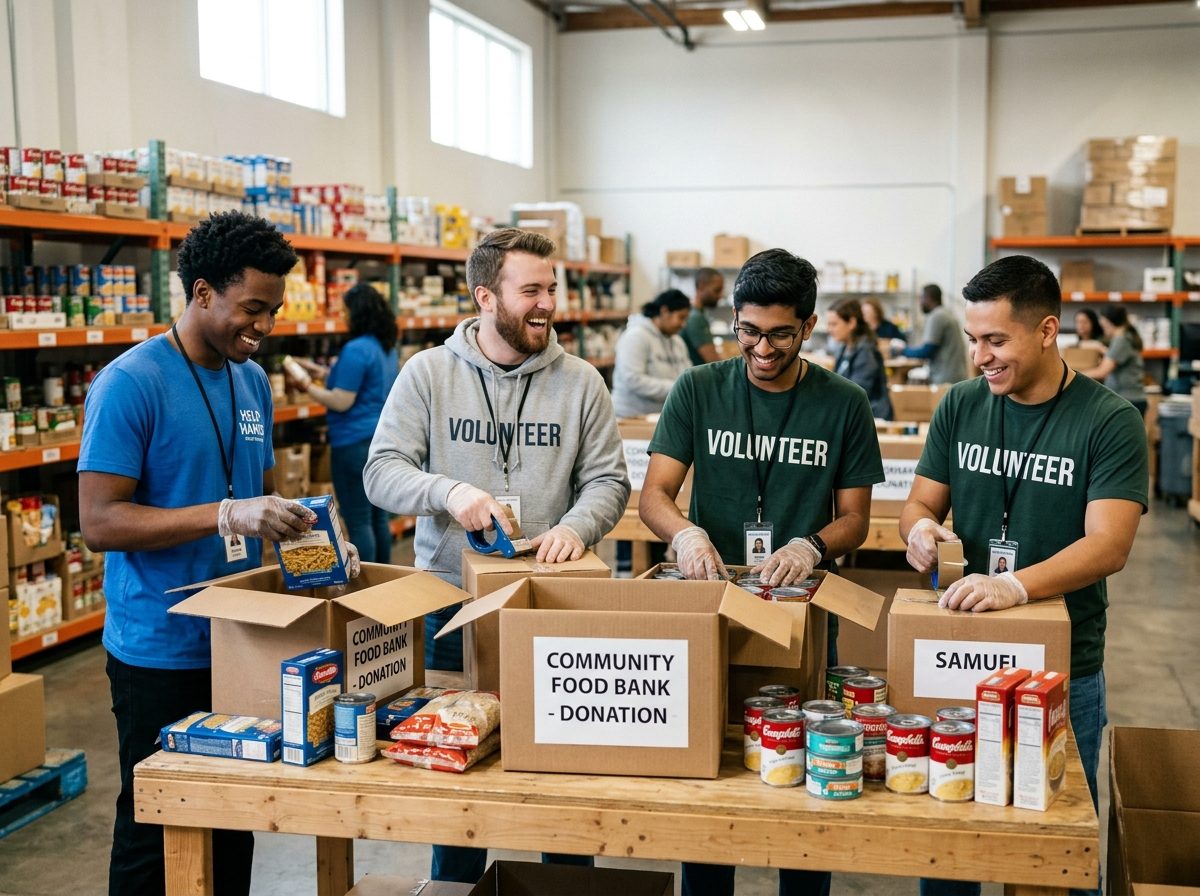 Volunteers sorting and packing donated food at a community food bank